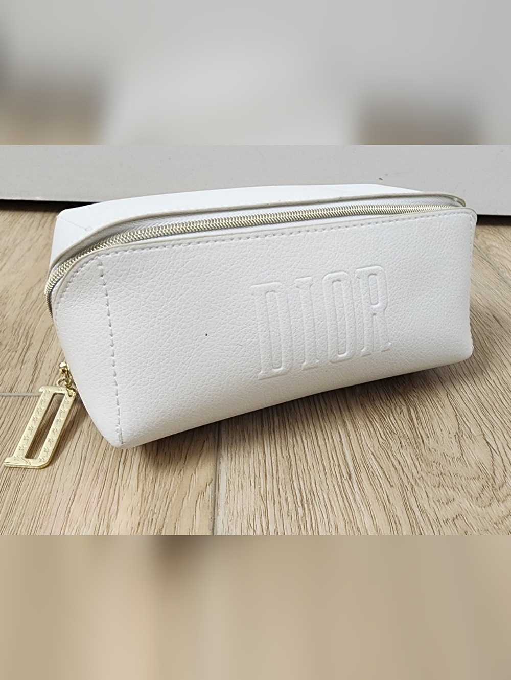 Dior White Faux Leather Cosmetic Pouch Makeup Bag Case Embossed Logo